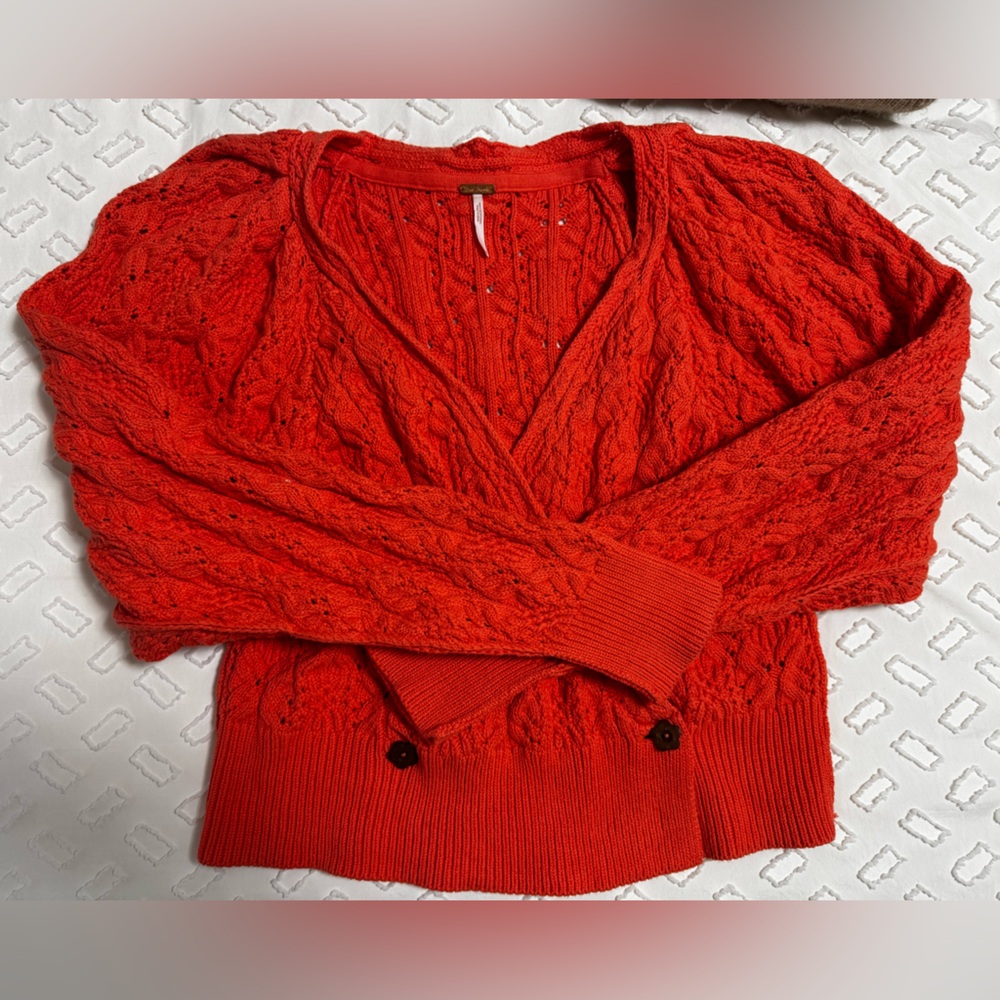 Free People Vibrant Coral Cable Knit Cardigan